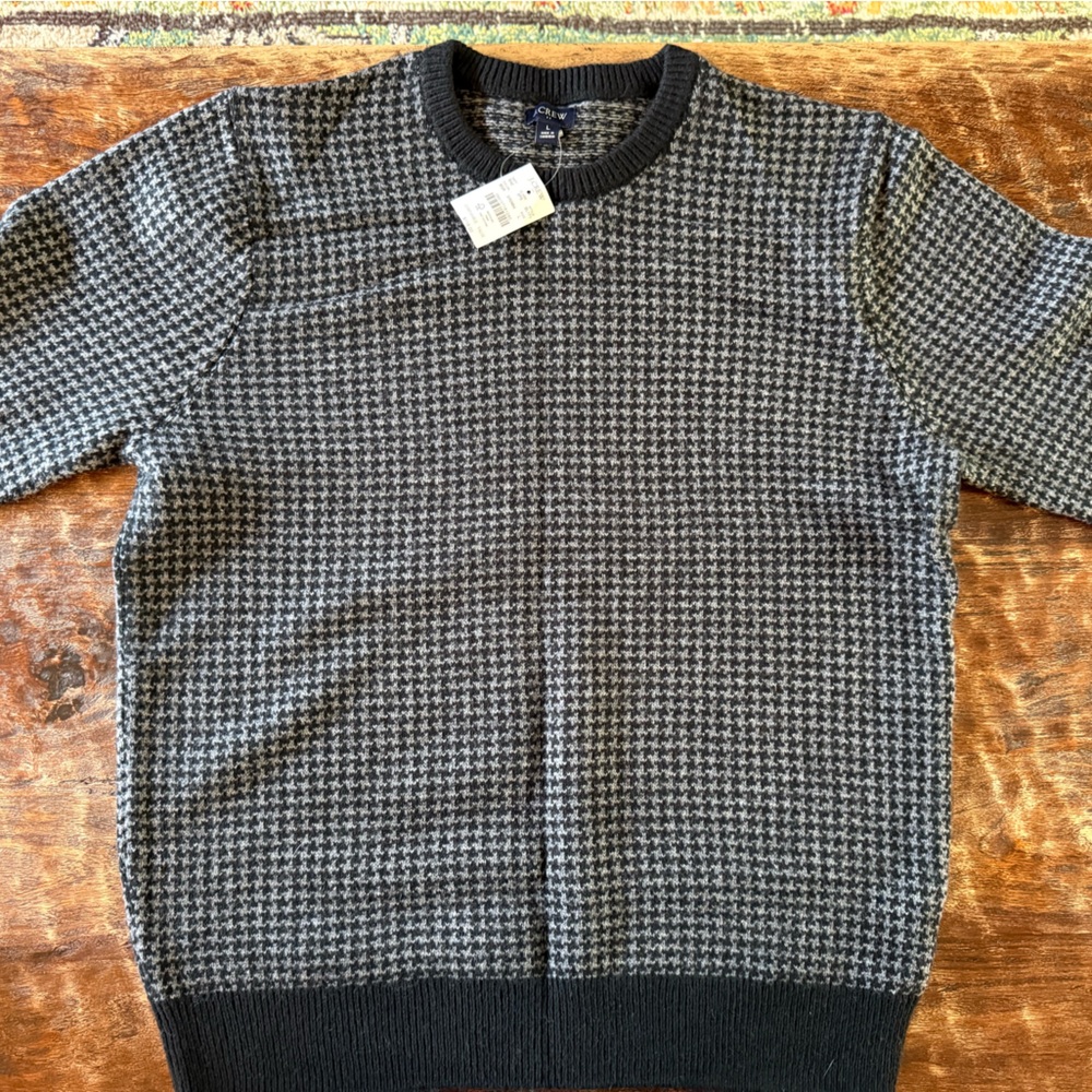 J. Crew Men's Black and Gray Houndstooth Crewneck Sweater